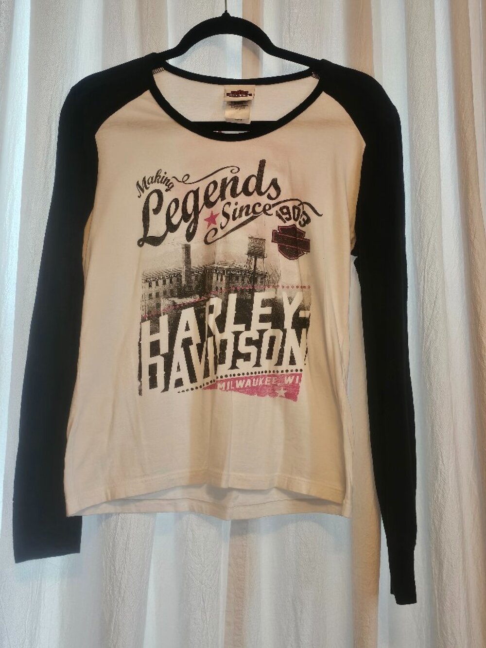 Harley Davidson Womens M Legends 1903 Raglan Shirt Thumb Holes Pink Black